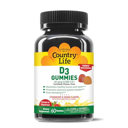 Country Life Vitamin D3 Gummies  1,000 IU Cholecalciferol, 60 Count  Supports Bone & Immune Health  Vegetarian, Gluten-Free, Strawberry & Orange F