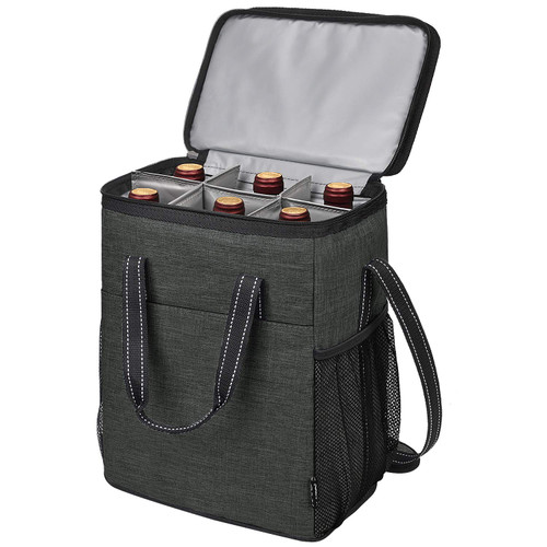 Tirrinia 6 Bottle Wine Gift carrier - Insulated & Padded Wine Carrying Cooler Tote Bag with Handle and Adjustable Shoulder Strap for Travel or Picnic