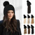 Flufymooz Beanie Wig, Hat Hair Extension Long Wavy Curly Black Hat Wig with Faux Fur Pom Hat, wig hat Attached 20 Inch Synthetic Hairpiece for Women