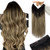 YoungSee Invisible Wire Hair Extensions Balayage Wire Human Hair Extension Dark Brown Ombre Medium Brown with Blonde Easy to Put in Headband Hair Ext
