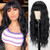 MERISIHAIR Long Black Wig with Bangs,26 Inches Synthetic Wavy Bang Black Wigs for Women, Women Long Curly Heat Resistant Black Hair Wig,Cosplay Selen