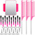 24 Pcs Braiding Combs Magnetic Wrist Sewing Pincushion Set 3 Rat Tail Combs 10 Hair Parting Ring Selecting Ring and Sectioning Clip(Pink)