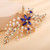 Teyglen Bridal Wedding Crystal Hair Comb Gold Leaf Blue Flower Side Hair Comb Rhinestone Wedding Hair Pieces Hair Jewelry for Bride Women Girls