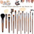 Makeup Brush Set, 15pcs Unique Walnut Makeup Brushes with Vegan Leather Bag, Professional No Shed Tan Makeup Brushes