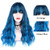 ENTRANCED STYLES Blue Wig with Bangs Long Wavy Blue Wig with Air Bangs Synthetic Wigs for Women Curly Wigs for Daily Party Cosplay (24 inch)