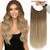 Fshine Invisible Wire Hair Extensions Ombre Light Brown to Dirty Blonde Wire Hidden Hair Extensions 16 Inch Clip in One Piece Straight Human Hair wit