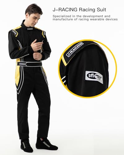 J-RACING® Racing Suit Karting Suit/Race/Rally Go Kart Auto Racing Fire SFI 3.2A/1 (Black/Yellow-XXL)