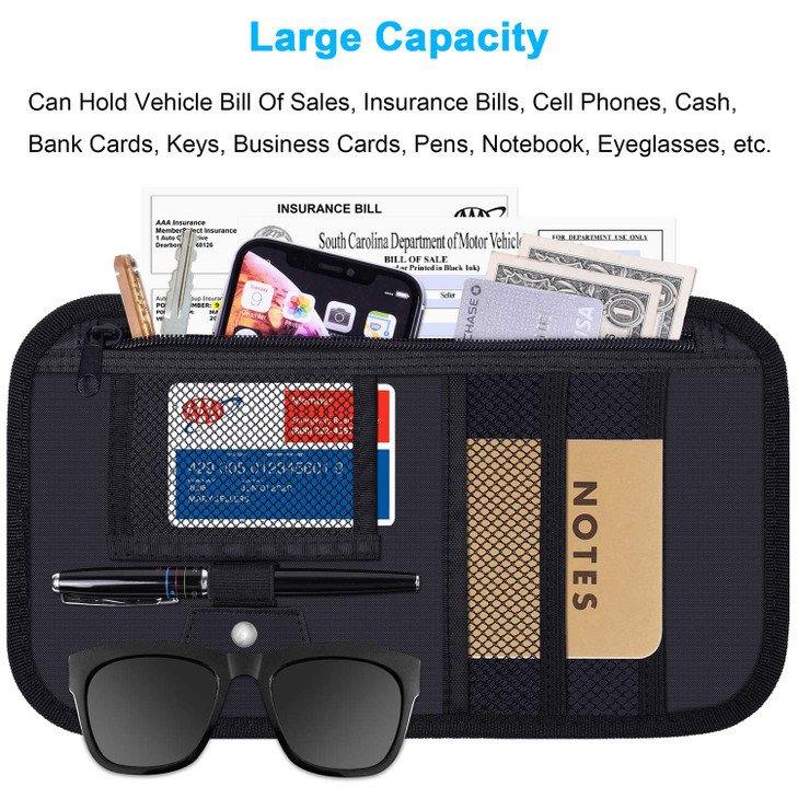 Car Sun Visor Organizer, Wisdompro Vehicle Interior Accessories Storage Pouch Auto Registration Holder with Elastic Strap for Sunglass, Documents, Ca