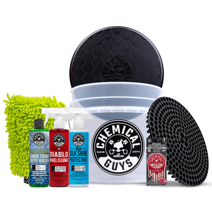Chemical Guys 8-Piece Arsenal Builder Car Wash Kit - Includes Bucket, Dirt Trap, Lid, Wash Mitt, Air Fresheners & (3) 16 oz Car Care Chemicals, Compl