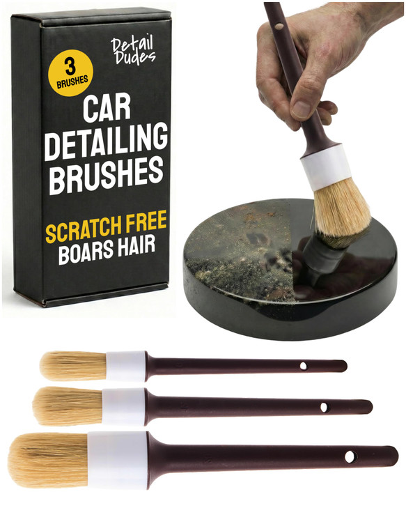 Detail Dudes Soft Boar Hair Car Detailing Brush Set - 3-Pack, Brown - Car Detailing Kit for Versatile Uses - Soft Bristles Cleaning Brush - Water-Res