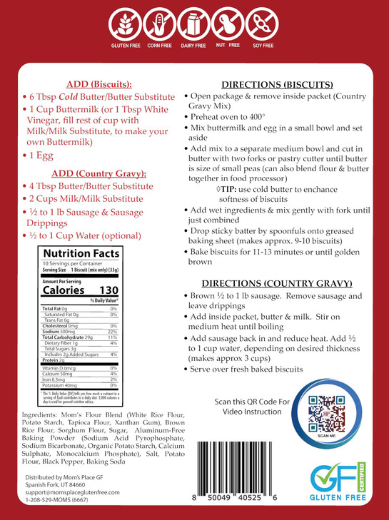 Mom's Place Gluten-Free Biscuit & Country Gravy Mix, Dairy Free, Nut Free & Soy Free Easy to Make, Makes 8-9 Biscuits,13.5 oz.
