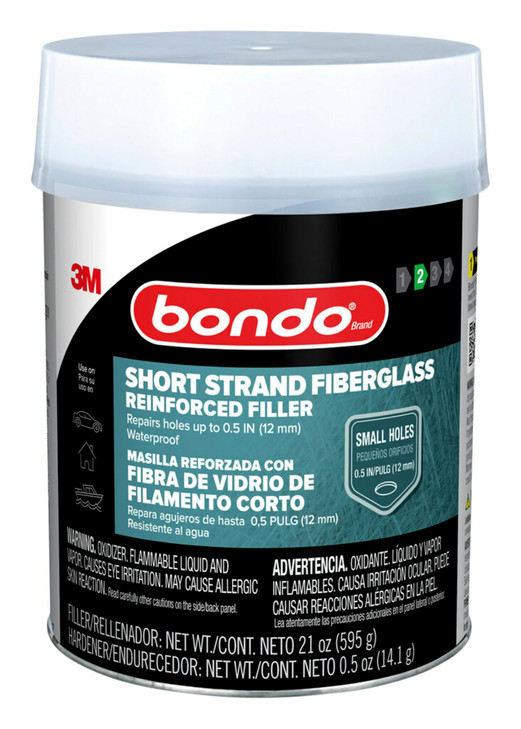 3M Bondo Short Strand Fiberglass Reinforced Filler 1.37 LB (621 g) with Bondo Cream Hardener 0.5 oz (14g), Repair Holes Up To 0.5 IN, Waterproof (SS-