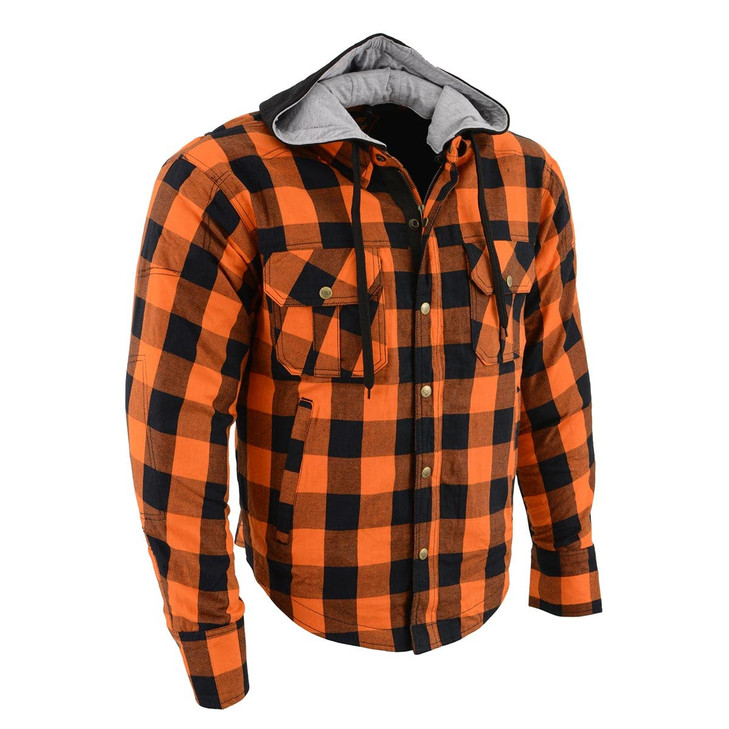 Milwaukee Leather MPM1642 Men's Orange and Black Armored Long Sleeve Hooded Flannel Shirt w/Reinforced Fiber (Large)