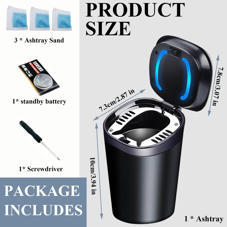 Car Ashtray with Lid Smell Proof, Smokeless Ashtray, Mini Car Trash Can, Detachable Stainless Steel Ash Tray with Lid and LED Blue Light