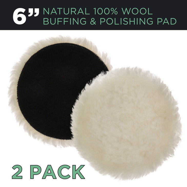 TCP Global Premium 6 Inch Wool Buffing Pads (2 Pack) - 100% Natural Wool Buffer Pads, Polishing Pad for Car Detailing - 1 Inch Thick Pile, Hook and L