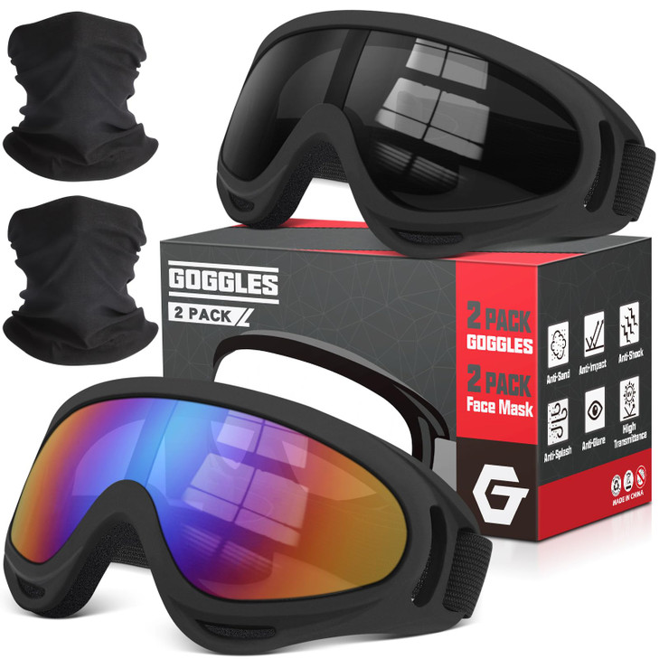 OXG 2 Pack Motorcycle Goggles with 2 Neck Gaiters, UV400 Protection Dirt Bike Motocross ATV Skiing Goggles (Grey+Multicolor)