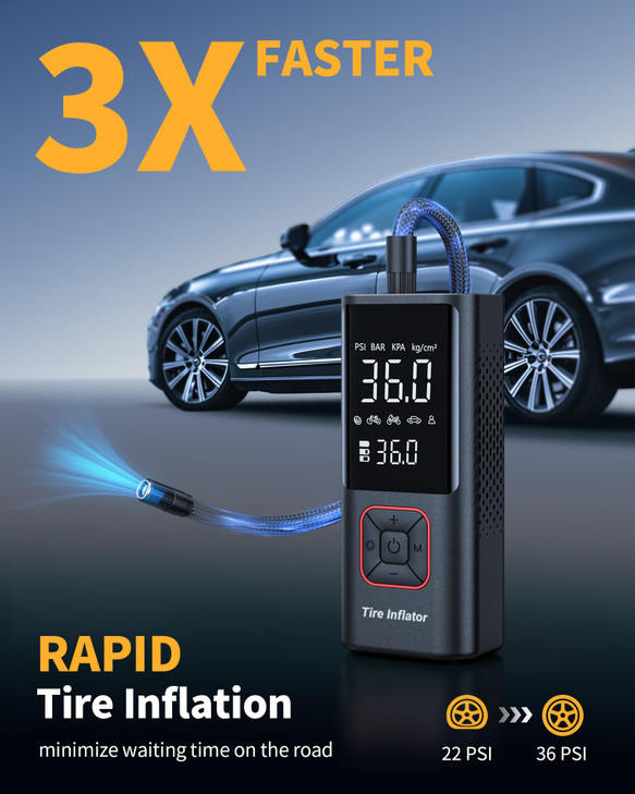 Powools Cordless Tire Inflator Portable Air Compressor - 150PSI Air Pump with Auto Shutoff Function for Car Tires, Inflatables, Motorcycle, Balls, Co