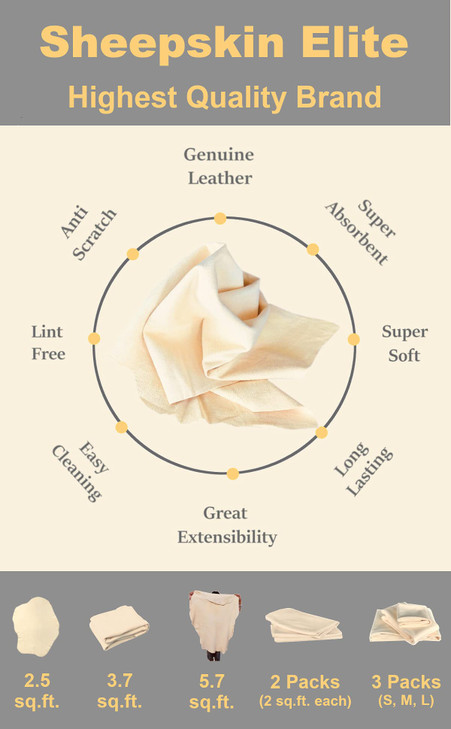 SHEEPSKIN ELITE Chamois Drying Cloth Car Drying Towel Real Leather Super Absorbent Fast Drying Natural Chamois Car Wash Cloth Accessory (2.5 sq. ft.)