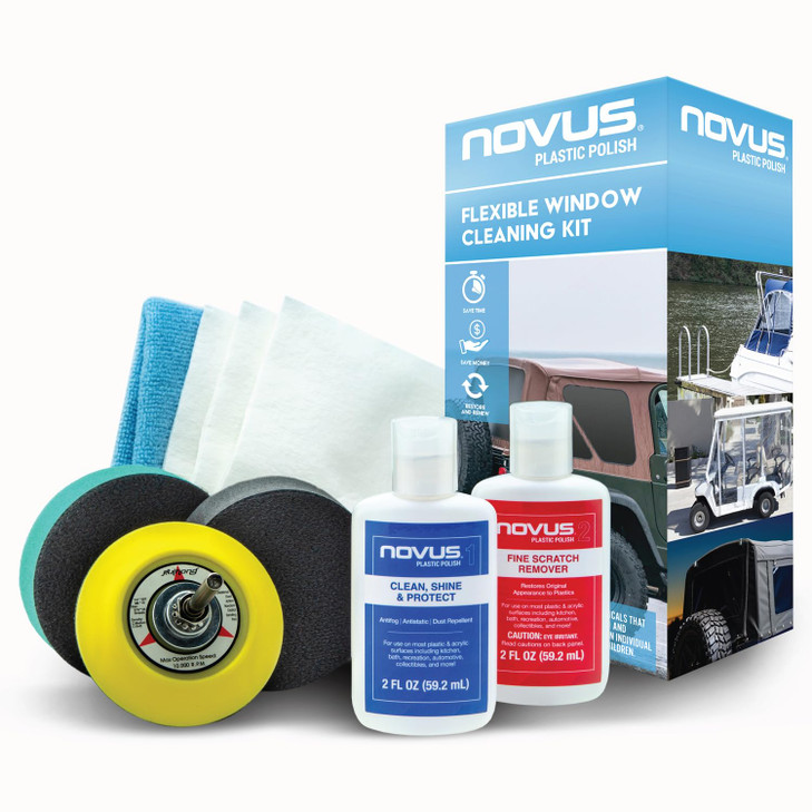 Novus Plastic Polish | Flexible Window Kit | One 3 Backing Pad for Drill, One 3 Green Foam Pad, One 3 Black Foam Pad, 1, 2, Three Polish Mate Wipe