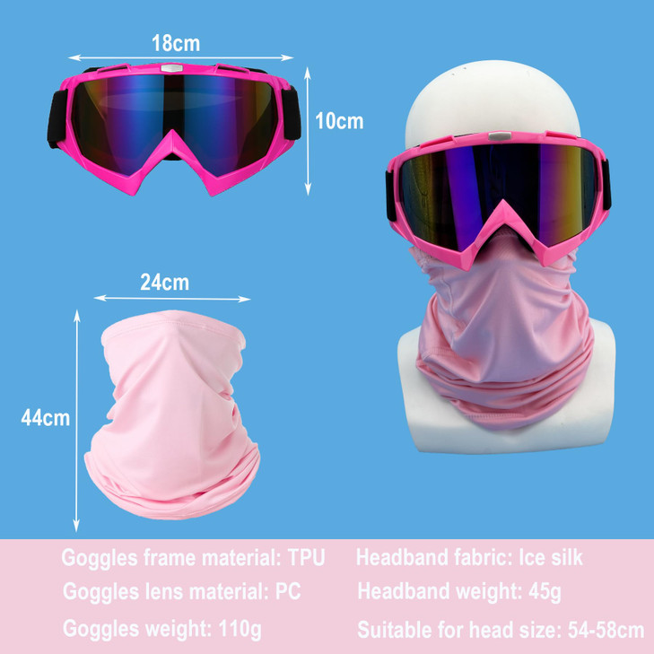LJDJ Motorcycle Goggles Dirt Bike ATV Off-Road Riding Motocross Glasses with Sun UV Protection Neck Gaiter Face Cover (Pink/Colorful Lens)