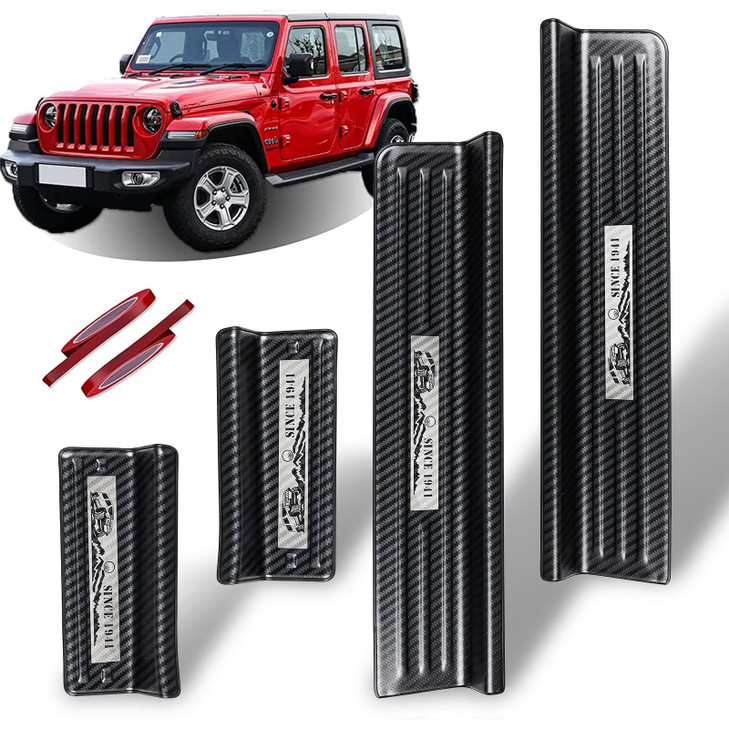 Rowa Door Sill Guards for Jeep 2018-2026 Wrangler JL JLU & 2020-2026 Gladiator JT, Carbon Fiber Pattern 304 Stainless Steel Door Entry Guard Full Cov