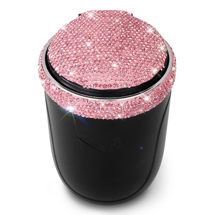 SAVORI Car Ashtray for Women Men, Portable Bling Cigarette Smokeless Cylinder Cup Holder with Blue LED Light Indicator Car Accessories (Pink)