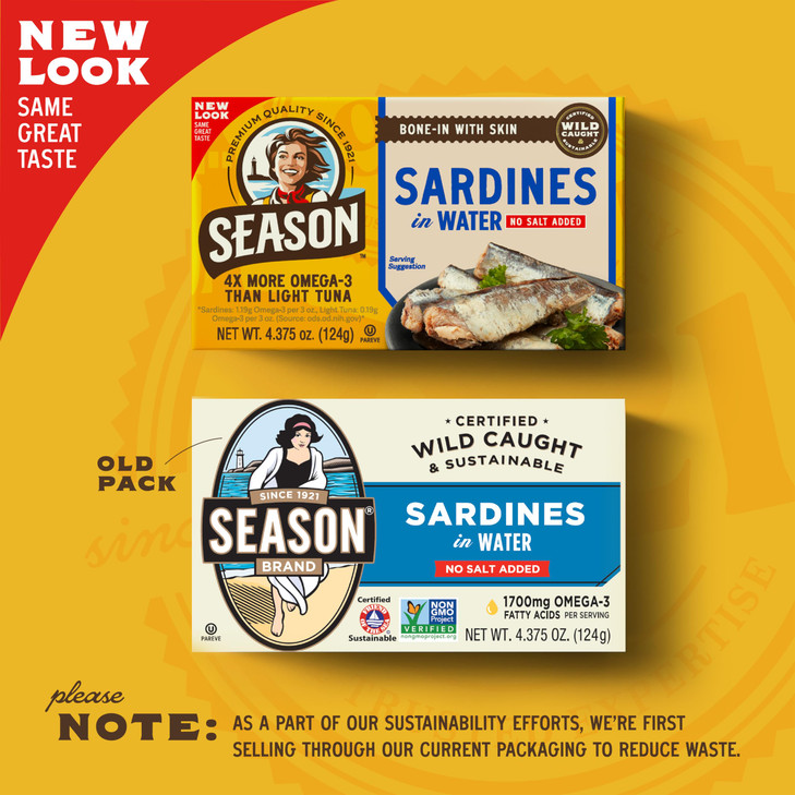 Season Sardines in Water - No Salt Added, Wild Caught, 22g of Protein, Keto Snacks, More Omega 3's Than Tuna, Kosher, High in Calcium, Canned Sardine