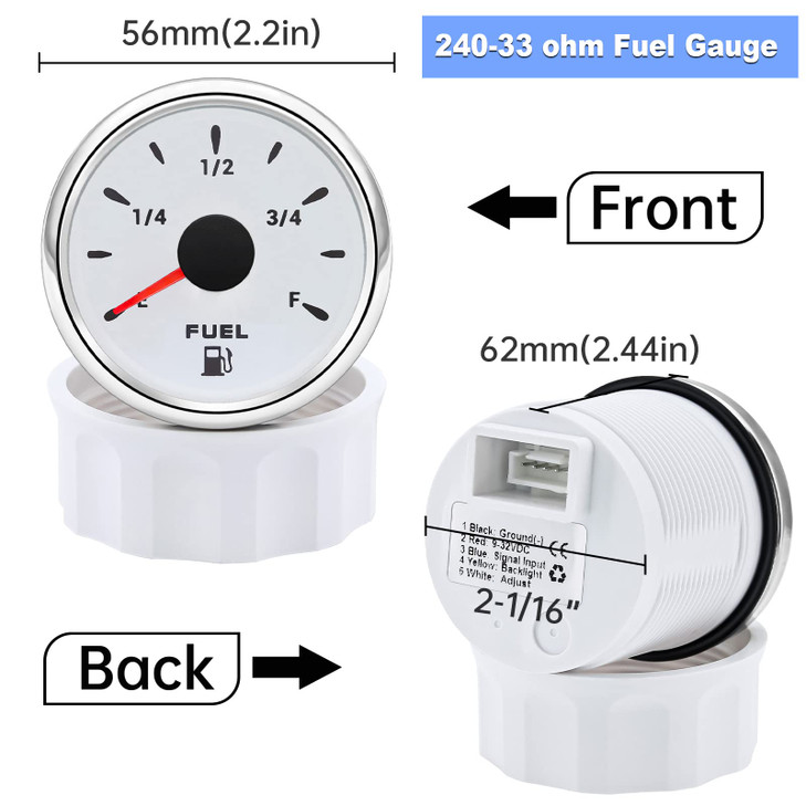 ARTILAURA Fuel Gauge 240-33ohm 2-1/16" 52mm Fuel Gas Tank Meter 7 Color for AUTO Car Boat Marine (White)