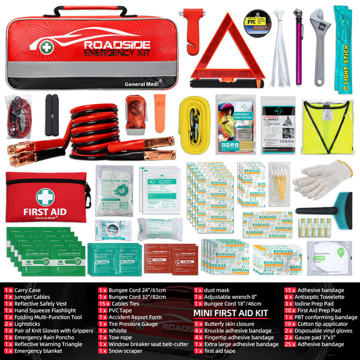 General Medi 127-Pieces Roadside Car Emergency Kit Include Mini First Aid Kit, Jumper Cables,Tow Rope, Bandage, Safety Vest, Emergency Triangle, All