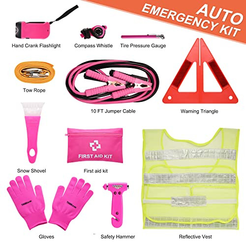 THINKWORK Car Emergency Kit for Teen Girl and Lady's Gifts, Pink Emergency Roadside Assistance kit with 10FT Jumper, First Aid Kit, Safety Hammer, To