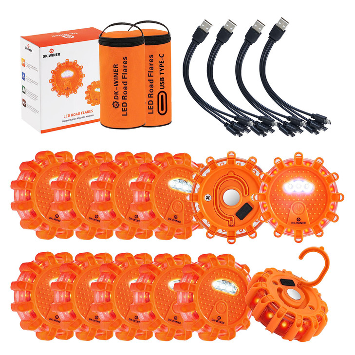 DK-WINER LED Road Flares 6Pack Roadside Emergency car kit Emergency Road Flares Kit with Magnetic Base for Vehicles & Boat | 9 Flash Modes(with Batte