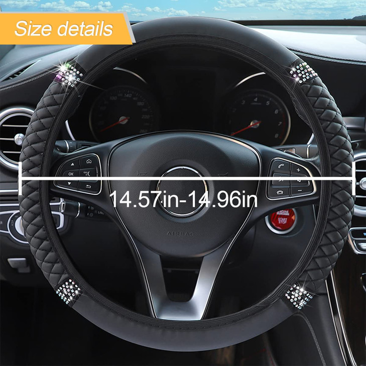 Bling Soft Leather Steering Wheel Cover, 15 Inch Colorful Rhinestones Auto Elastic Steering Wheel Protector, Sparkly Crystal Diamond for Women Girls,