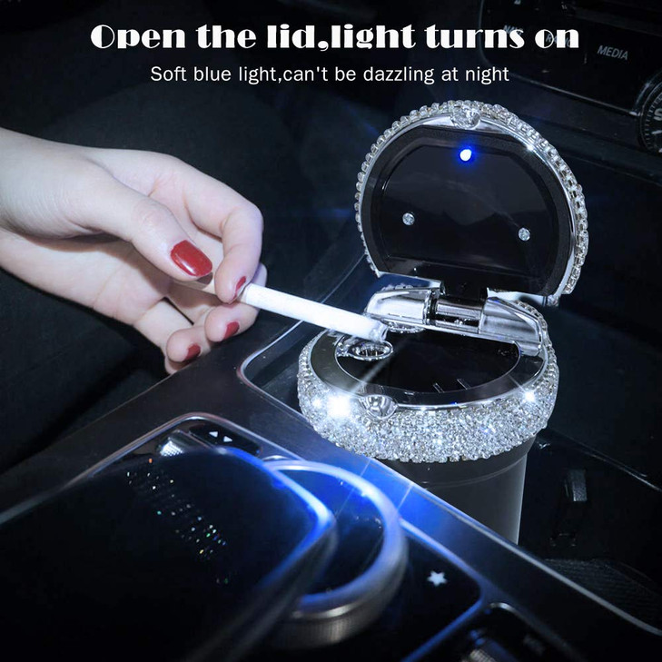 eing Car Ashtray Portable Bling Cigarette Smokeless Cylinder Cup Holder with Blue LED Light Indicator,Car Accessories for Women,Ideal for Car,Home an