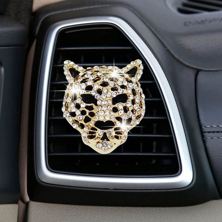 2 Pcs Bling Leopard Air Vent Clips, Crystal Leopard Car Air Fresheners Vent Clips Car Diffuser Vent Clip Rhinestone Decoration Interior Decor Diamond