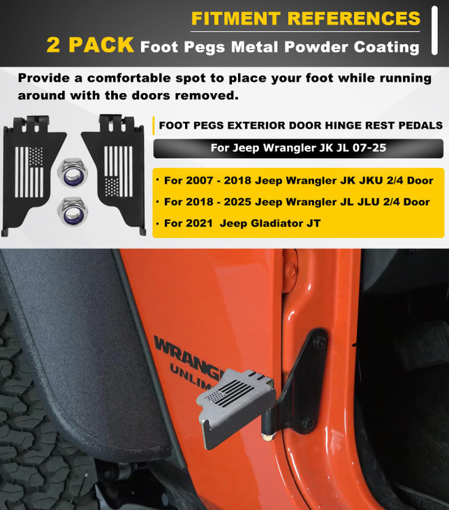 Wrangler Foot Pegs For Jeep Wrangler JK JL JKU JLU 2007-2025 Gladiator JT 2/4 Door, Exterior Door Hinge Metal Powder Coating Rest Pedals with US Flag