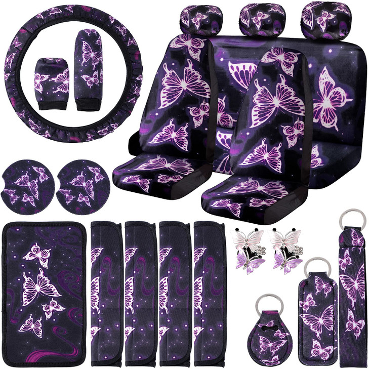 Frienda 22 Pieces Butterfly Car Accessories Set, Center Console Armrest Pad Butterfly Car Seat Covers Steering Wheel Cover Headrest Seat Belt Handbra