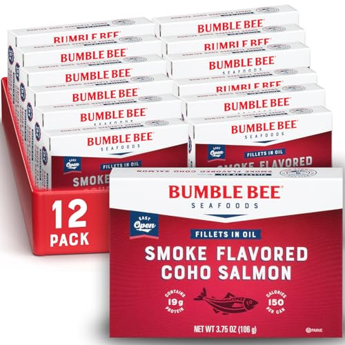 Bumble Bee Smoke Flavored Red Coho Salmon Fillets in Oil, 3.75 oz (Pack of 12) - 19g Protein - Skinless, Boneless - Great for Snacks & Recipes - Glut