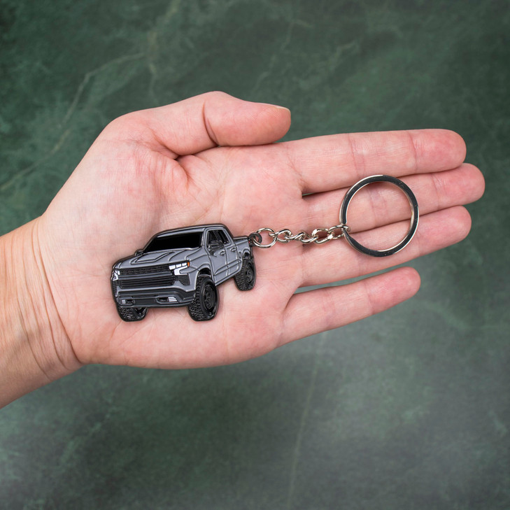 FOUR WHEEL BEAST Metal Keychain Compatible with Chevy Silverado 1500 Accessories Toy Truck Gifts Men Key Fob (Silver)