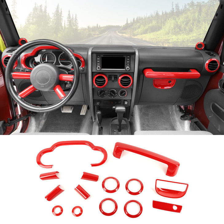 SQQP 14PCS Full Set Interior Trim Kit for 2007-2010 Jeep Wrangler JK JKU, Air Outlets A Pillar Speaker Glove Box Handle Dashboard Cover Trim(Red)