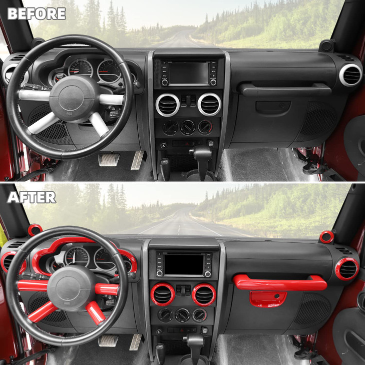 SQQP 14PCS Full Set Interior Trim Kit for 2007-2010 Jeep Wrangler JK JKU, Air Outlets A Pillar Speaker Glove Box Handle Dashboard Cover Trim(Red)