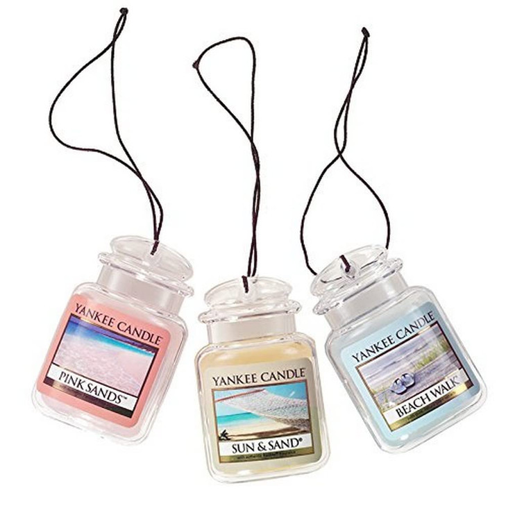 Yankee Candle Hanging Car Jar Ultimate 3-Pack Air Fresheners Neutralizes Odors Up to 30 Days Includes: Beach Walk Pink Sands and Sun and Sand (Pack o