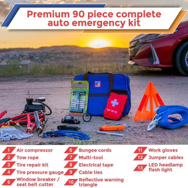 Car Emergency Kit with Air Compressor, Jumper Cables, First Aid, Tow Strap, Tire Gauge, Headlamp  Roadside Safety Kit for Women, Men, Teens