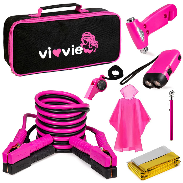 vioview Roadside Emergency Car Kit for Vehicles, Car Safety Kit with Jumper Cables, Safety Hammer, Pink Car Accessories Road Trip Essentials Assistan