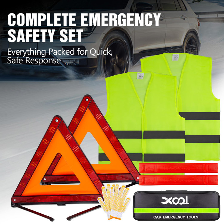 XOOL Emergency Warning Triangle Kit  Roadside Safety Kit with Reflective Warning Triangles, High-Visibility Safety Vests, Storage Bag & Gloves for C