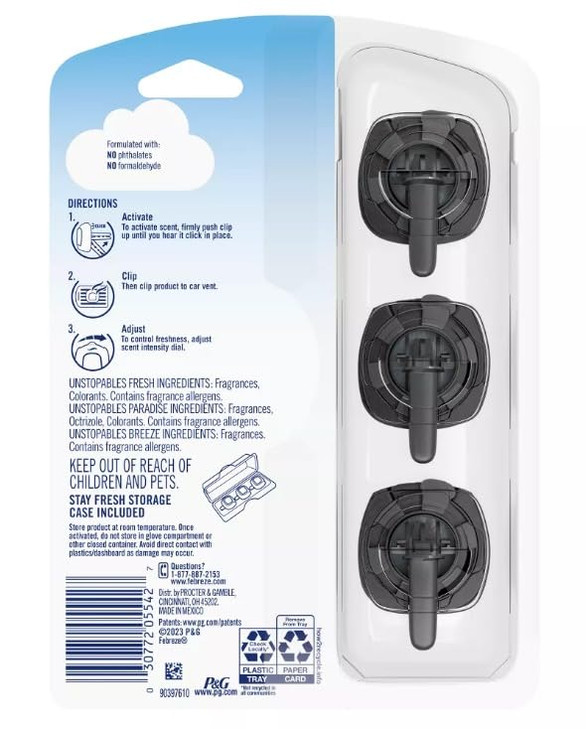 Febreze Car Air Freshener Vent Clips, Car Freshener, Unstopables Scents Variety Pack, .07 oz. Car Vent Clip, 3-Count, Car Air Fresheners