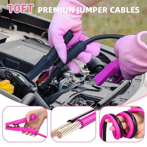 VEIYIE Roadside Emergency Car Kit for Vehicles, Pink Car First Aid Kit Emergency Kit with Jumper Cables, Car Safety Kits, Tow Strap, Tool Kit, Road T