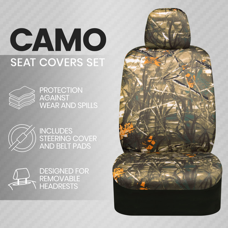 BDK Hunter Camo Car Seat Covers Full Set with Camo Steering Wheel Cover and Seat Belt Cover Pad  Forest Camouflage Pattern, Automotive Front Seat &