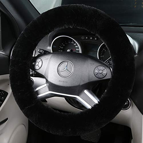Fluffy Wool Sheepskin Fuzzy Black Car Steering Wheel Cover for Universal Auto Steering Wheel 14 1/2-15 1/2inch, Anti-Slip, Soft Plush, Comforting and