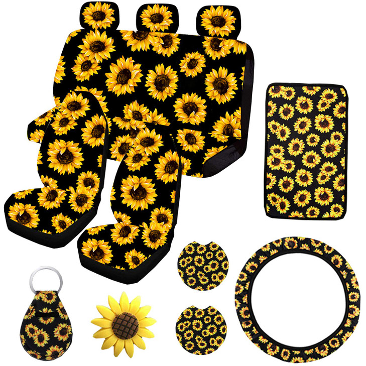 Ldntly 12PCS Sunflower Front and Rear Bench Seat Cover Full Set,Car Accessories Sunflower Gifts for Women,Steering Wheel Cover,Armrest Cover,Vent,Coa