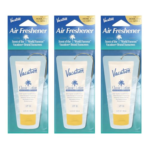 Vacation Hanging Air Freshener, Award-Winning Signature Sunscreen Scent, Deodorizer for Car, Home & Office (Pack of 3)